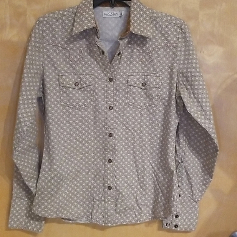 Women's Western LS Button Down Cowgirl Shirt Cream & Brown Small